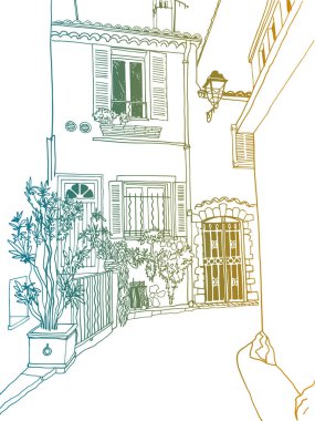 Elle çizilmiş şehir manzarası. Antibes, Provence, Fransa 'nın eski caddesi. Güzel bir Avrupa şehri. Renkli Çizgi Sanatı. Duvar dekoru. Vektör illüstrasyonu.