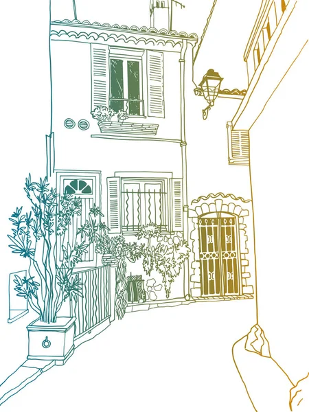 Paisaje Urbano Estilo Boceto Dibujado Mano Antigua Calle Antibes Romántico — Vector de stock