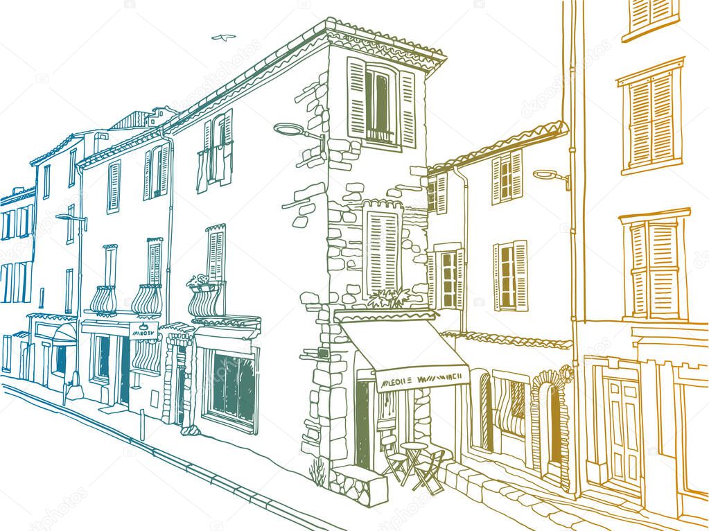 Urban landscape in hand drawn sketch style. Old street of romantic Antibes, Provence, France. Nice European city. Colorful Line art. Wall decor. Vector illustration.