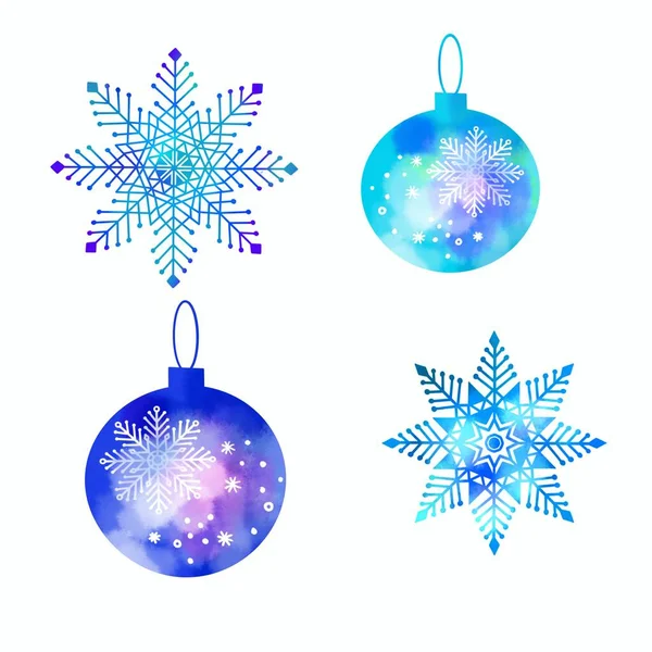 雪の結晶とクリスマスボールとクリスマス雪の背景 手描きの要素 水彩スタイルのデジタル絵画 白に隔離された — ストック写真