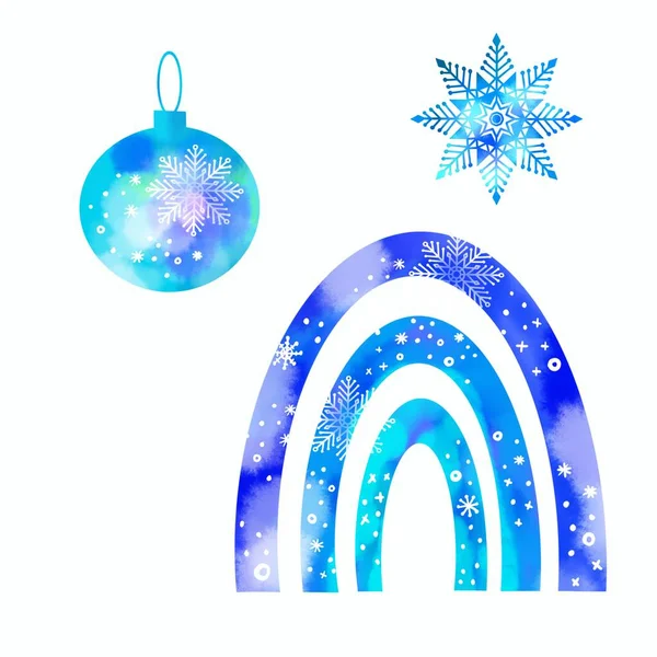 雪の結晶とクリスマスボールとクリスマス雪の背景 手描きの要素 水彩スタイルのデジタル絵画 白に隔離された — ストック写真