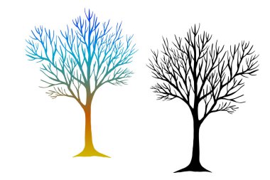 Yapraksız kış ağaçları. El çizimi eskiz. Çizgi çalışması. Beyaz arka planda siyah, beyaz ve renkli tasarım elementleri. İzole edilmiş. Dövme resmi.
