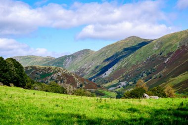 İngiltere 'nin Lake District bölgesinde yaz mevsiminde yeşil tarlaları olan yuvarlanan ağaçlar ve vadiler.