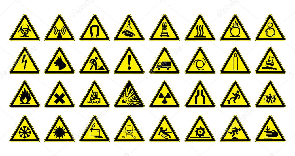 Warning signs large set. Safety in workplace. Yellow triangle with black image. Vector illustration.