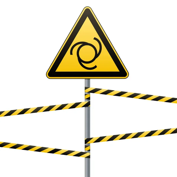 Panneau de sécurité. Attention - danger Démarrage automatique de l'équipement. Bande de barrière et panneau sur le poteau. Fond blanc. Vecteur  . — Image vectorielle
