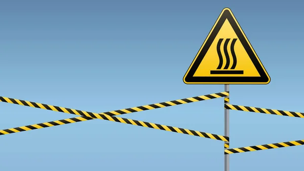 Znak Bezpieczeństwa Uwaga Niebezpieczeństwo Gorącej Powierzchni Taśmy Znak Słupie Niebieskie — Wektor stockowy