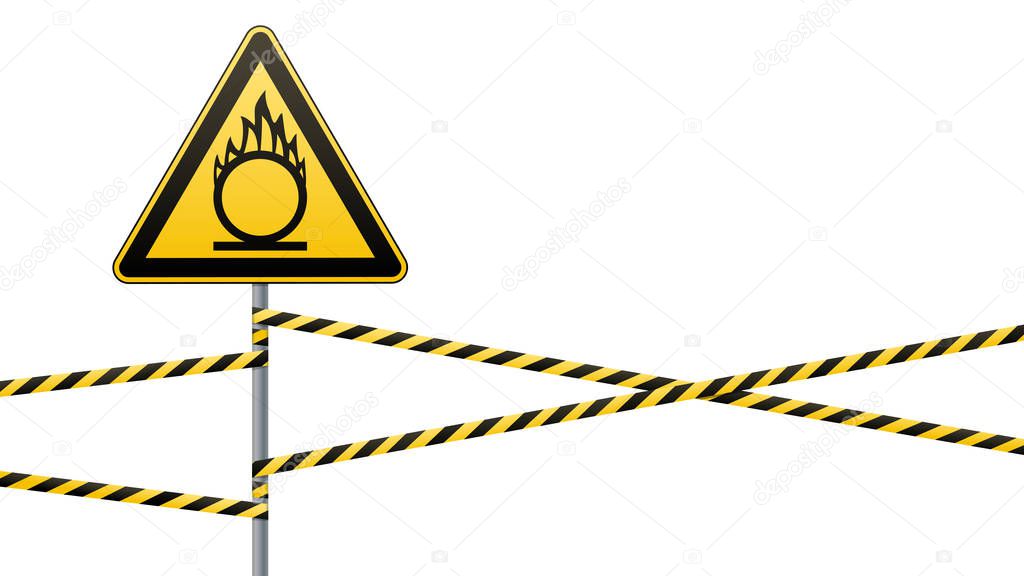 Caution oxidizer. Safety sign. Safety at work. Yellow triangle with black image, metal pillar, protective tapes. Isolated object. White background. Vector illustrations.