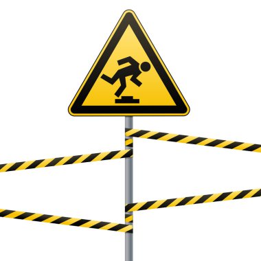 Caution, low-noticeable obstacle. Safety sign. Yellow triangle with black image on the pole and protecting ribbons. Vector illustrations. clipart