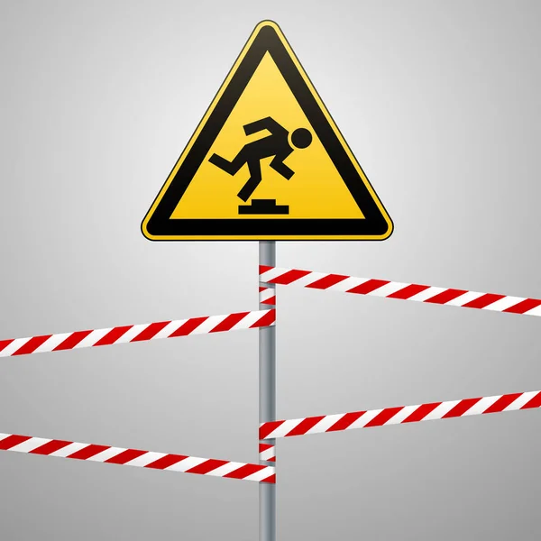 Caution, low-noticeable obstacle. Safety sign. Yellow triangle with black image on the pole and protecting ribbons. Gray background. Vector illustrations.