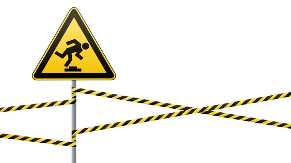 Caution, low-noticeable obstacle. Warning sign safety. Attention is dangerous. Yellow triangle with black image. Sign on the pole and protecting ribbons. Vector illustrations. — Stock Vector