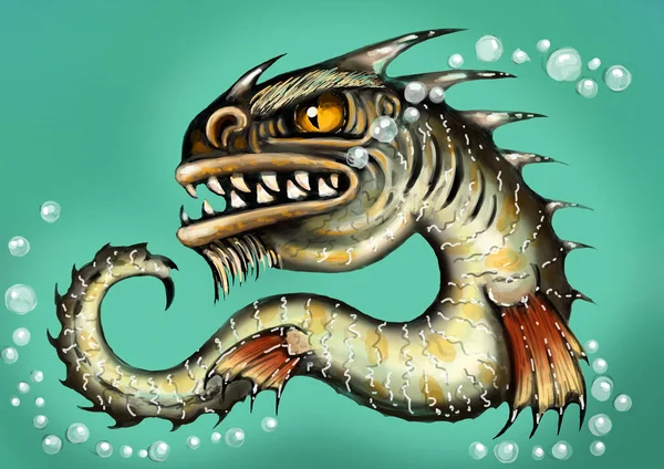 Sea monster water dragon fish mutant. Scary deep demon. Color illustrations.