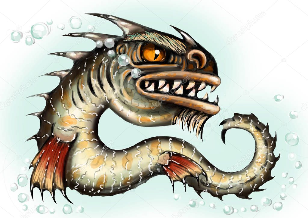 Sea monster water dragon fish mutant. Scary deep demon. Evil bloodthirsty character in Halloween. Color illustrations.