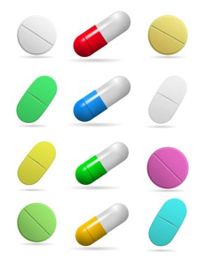 Tıbbi tabletleri. Oval, yuvarlak ve kapsül tablet farklı renklerin kümesi. Beyaz arka plan üzerinde izole nesneleri. Vektör çizim.