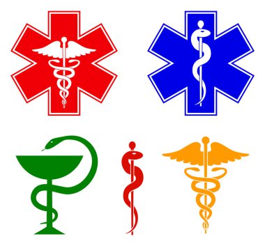 Tıbbi uluslararası simgeleri ayarlayın. Yaşam, Asklepios, personelin yıldız caduceus, kase bir yılanla. Beyaz arka plan üzerinde izole sembolleri. Vektör çizim.