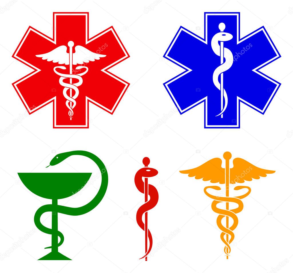 Medical international symbols set. Star of life, staff of Asclepius, caduceus, bowl with a snake. Isolated symbols on white background. Vector illustrations.