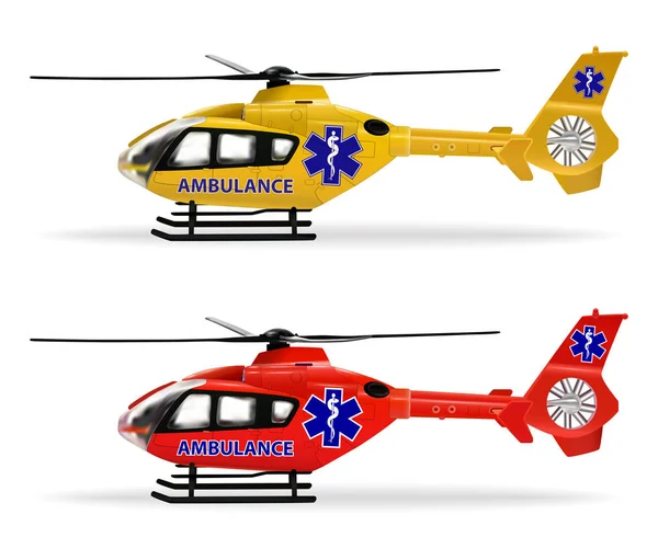 Ambulancia de emergencia en helicóptero. Una ambulancia aérea. Pequeños helicópteros con diferentes colores. Objetos aislados realistas sobre fondo blanco. Ilustración vectorial . — Archivo Imágenes Vectoriales