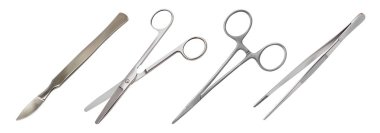Cerrahi enstrüman seti. Tüm metal karın yeniden kullanılabilir neşter, düz makas, sivrisinek kelepçe, anatomik cımbız. Beyaz arka planda gerçekçi yalıtılmış nesneler. Vektör Illustration
