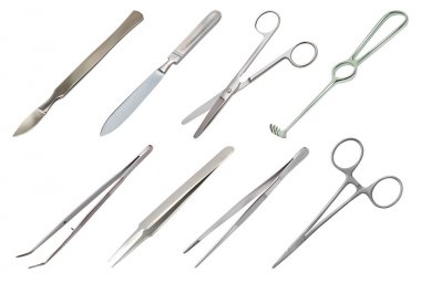 Cerrahi aletler seti. Cımbız farklı türleri, All-Metal yeniden kullanılabilir neşter, bağlantı elemanı ile klip, yuvarlak uçları ile düz makas, pürüzlü kanca Folkmann, tek kullanımlık şırınga. Vektör görüntüsü