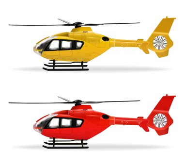 Sarı ve kırmızı helikopterler. Farklı renklerde küçük boy yolcu helikopteri. Hava Taşımacılığı. Beyaz arkaplanda gerçekçi izole nesneler var. Vektör illüstrasyonu.