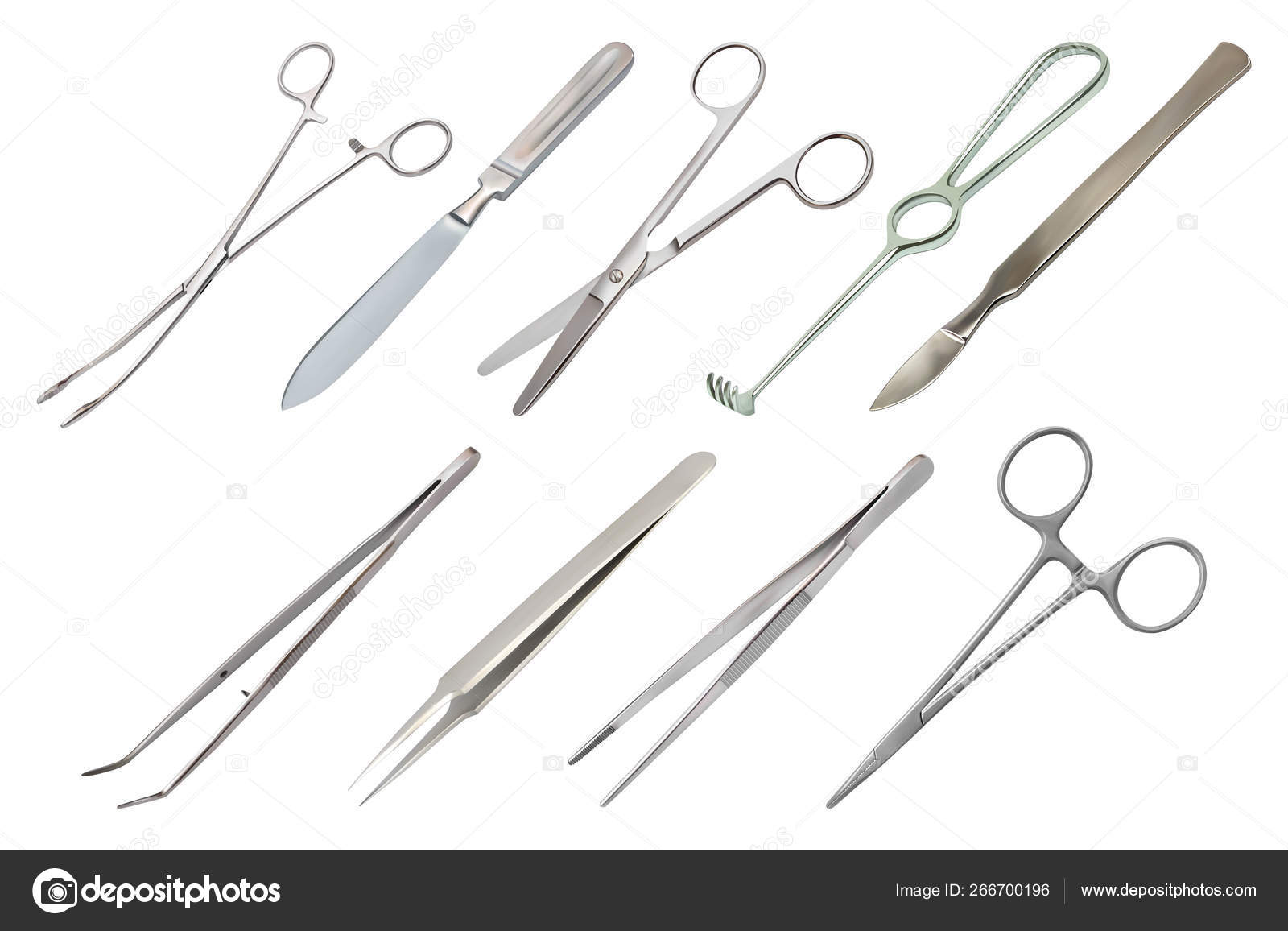 Set of surgical instruments. Different types of tweezers, scalpel, Liston s amputation knife