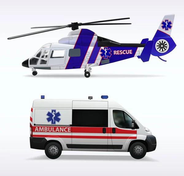Elicottero di ambulanza e auto ambulanza. trasporto aereo e terrestre per il trasporto di feriti e malati in ospedale. Oggetti isolati su sfondo bianco. Illustrazione vettoriale . — Vettoriale Stock