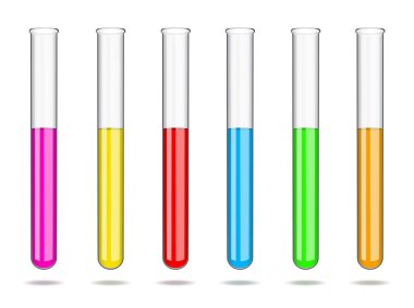 Farklı renklerde sıvılar ile cam laboratuvar test tüpleri ayarlayın. Kimya ve biyoloji laboratuvar çalışmaları, tıp ve eczacılık analizleri. Vektör çizimi.