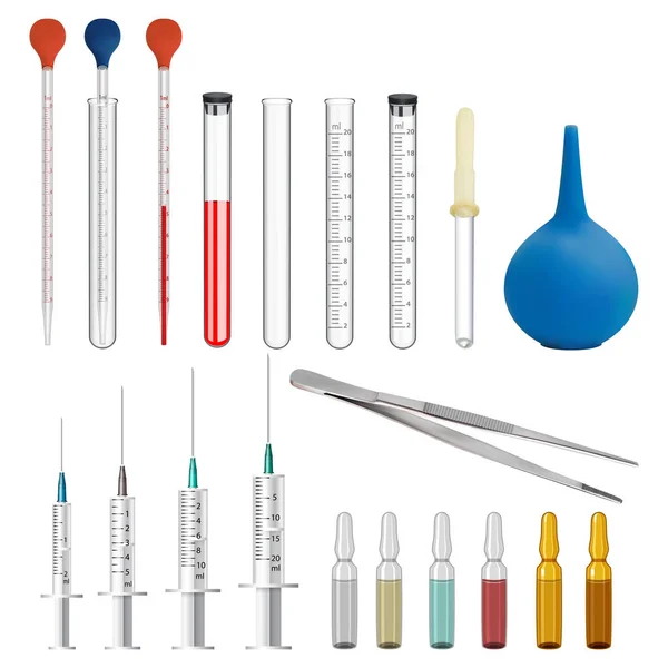 Un conjunto de equipos médicos y de laboratorio. Tubos de ensayo de laboratorio medidos y pipetas de vidrio con una escala y una bombilla de goma. Instrumentos para inyecciones y análisis de sangre. Vector — Archivo Imágenes Vectoriales