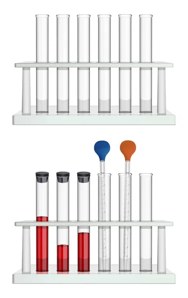 Um conjunto de tubos vazios em rack e um conjunto de pipetas de laboratório de medição e tubos de ensaio com amostras de sangue, fechados com uma rolha. Equipamento de laboratório especial. Vetor — Vetor de Stock