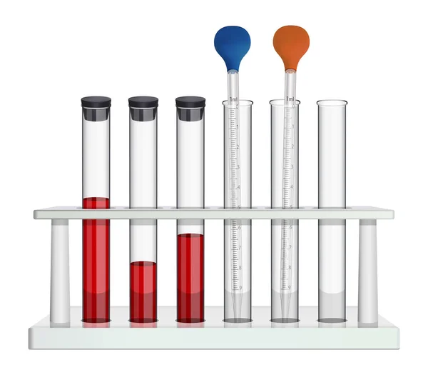 Un ensemble d'équipements de laboratoire pour l'analyse du sang. Tubes à essai en verre et pipette de mesure en rack de laboratoire. Objets sur fond blanc. Vecteur — Image vectorielle