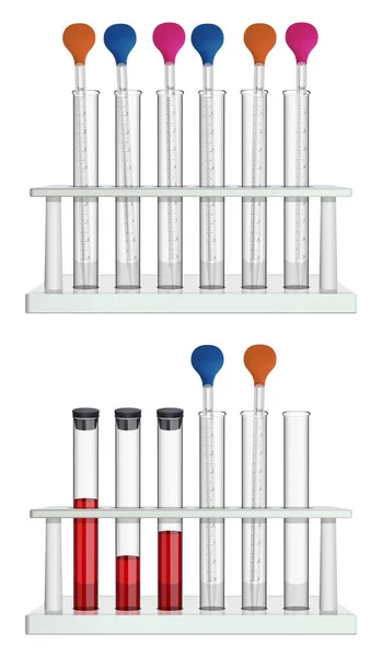 Conjunto de tubos vazios com pipetas de laboratório de medição e tubos de ensaio com amostras de sangue, fechados com rolha. Equipamento de laboratório especial para medicina, farmácia, biologia e microbiologia. Vetor — Vetor de Stock