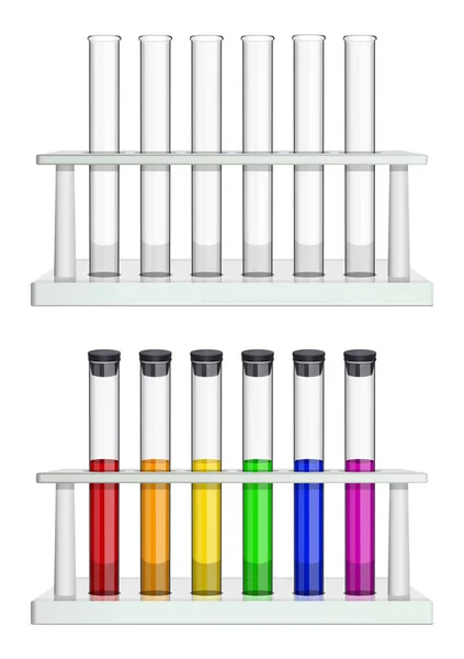 Conjunto de tubos de ensaio em racks. Tubos de ensaio vazios e cheios de líquido multicolorido. Equipamento de laboratório especial para medicina, farmácia, biologia e química. Vetor — Vetor de Stock