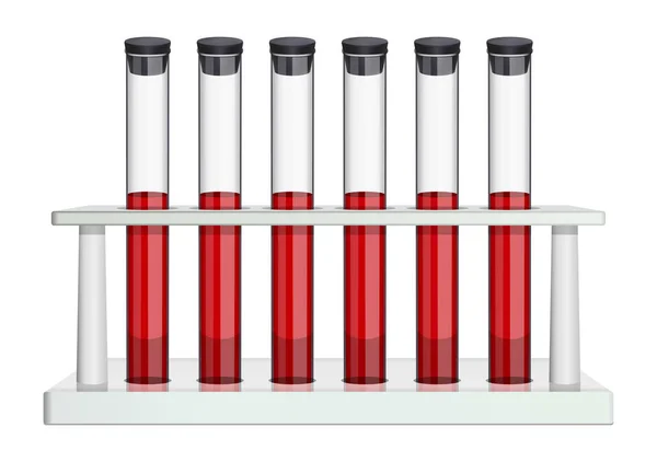 Tube à essai de laboratoire avec sang ou autre liquide rouge dans un support de laboratoire. Etude en laboratoire du sang, analyse et diagnostic du patient . — Image vectorielle