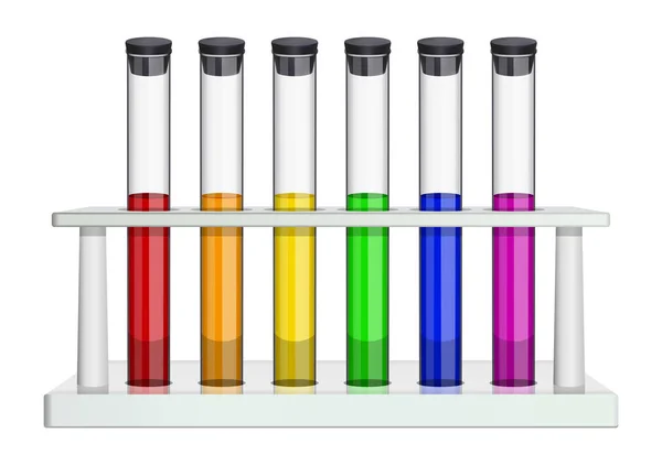 코르크 와 다색 액체 유리 실험실 테스트 튜브. 실험실 랙의 테스트 튜브. 의학, 약학, 화학, 생물학, 미생물학을위한 특별한 요리. 격리된 개체입니다. 벡터 — 스톡 벡터
