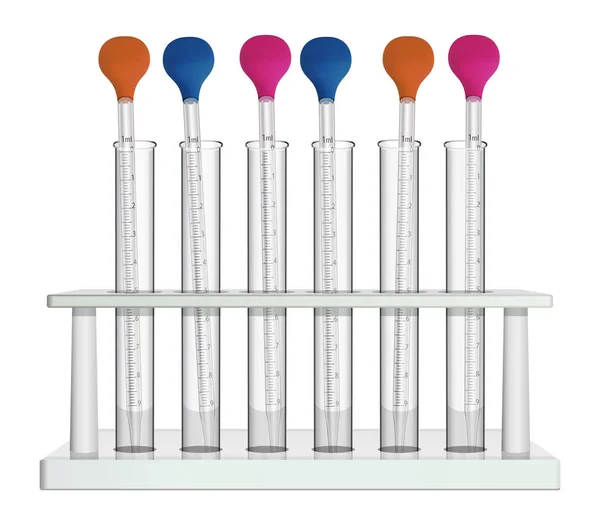 Rack de laboratório com tubos de ensaio de vidro e pipetas de laboratório de medição. Conjunto de equipamentos para análise e experimentos em medicina, farmacêutica, biologia, química. Vetor — Vetor de Stock