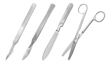 Bir dizi cerrahi kesici alet. Yeniden kullanılabilir tüm metal neşter, çıkarılabilir bıçak ile hassas sivri neşter, ampütasyon bıçak Liston, makas künt uçları ile düz menteşe. Vektör