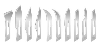 Cerrahi neşter için değiştirilebilir bıçaklar seti. Çıkarılabilir sap numarası 3 için standart bıçak seti. Beyaz arka plan üzerindeki araçlar. Vektör