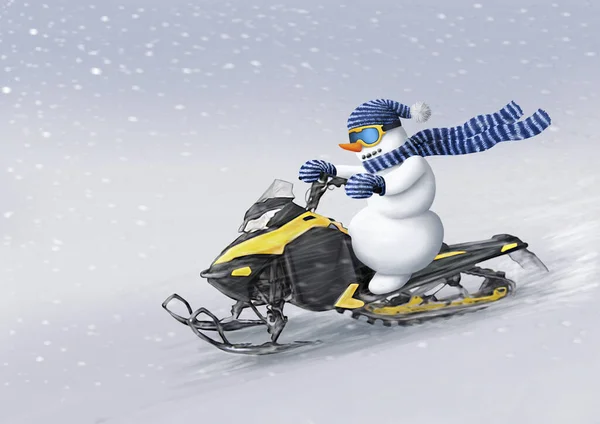 Snowman en una moto de nieve cabalga rápidamente a través de la tormenta de nieve. Ilustración de Navidad de invierno . —  Fotos de Stock