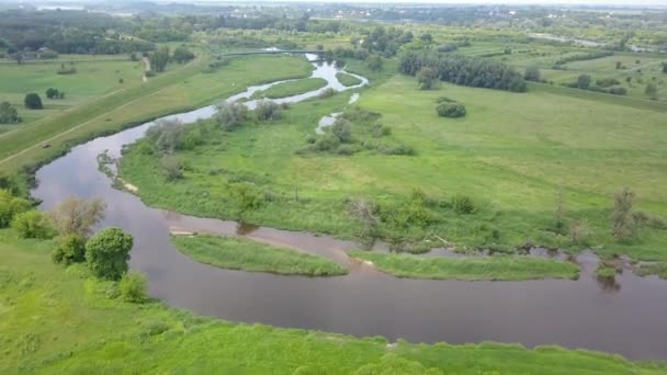 空中拍摄的小 弯曲的河流 从上面看到的小河流在春天的灯光下 — 图库视频影像