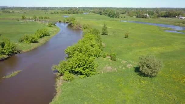 Aerial Shot Small Curvy River Small River Seen Spring Light — Stock Video