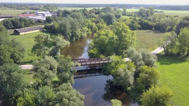 Aerial Shot Old Bridge River Small River Seen Spring Light — Stock Video