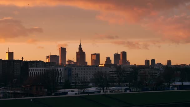 20180111 Warschau Polen Panorama Van Warschau Bij Zonsondergang Licht — Stockvideo