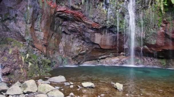Fontes Madeira 美丽的瀑布在绿色的丘陵和树林的中间 — 图库视频影像