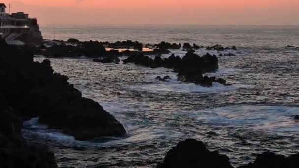 Piscine Rocciose Porto Moniz Madeira Tramonto Sulla Costa Atlatinc — Video Stock