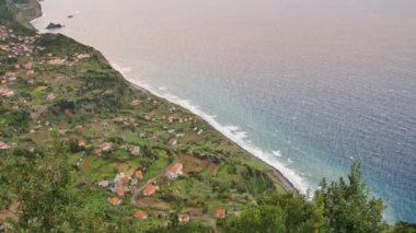 Madeira 'nın manzarası. Yeşil tepeler, ılık güneş ışığında güzel ağaçlar..