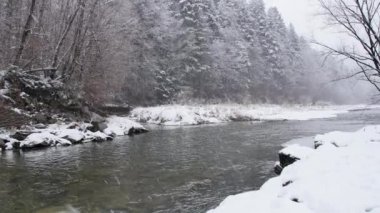 White water river in winter. World covered in snow.