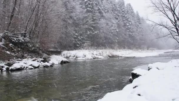 Hvid Vand Flod Vinteren Verden Dækket Sne – Stock-video