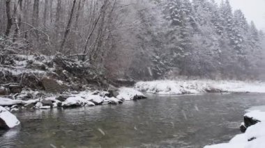 White water river in winter. World covered in snow.