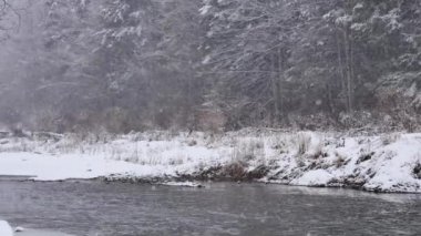 White water river in winter. World covered in snow.