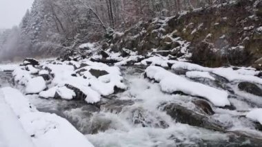 White water river in winter. World covered in snow.