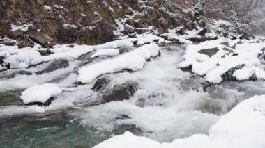 White water river in winter. World covered in snow.